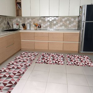 Kit Tapetes e Passadeira Jacquard Antiderrapante Geométrico Vermelho 3 Peças