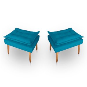 Kit 02 Puff para Sala e Quarto Madeira Decorativo Opala Suede Azul Turqueza