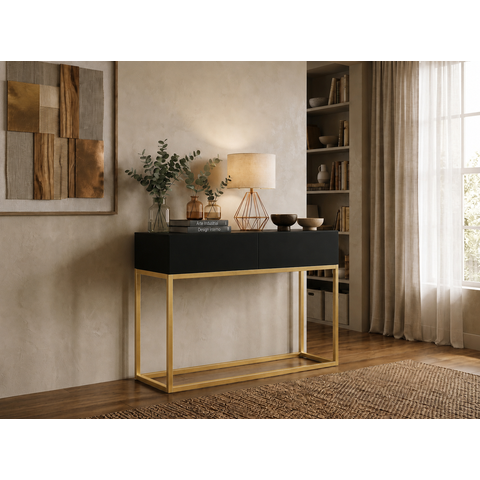 Aparador Buffet 110cm 2 Gavetas Preto com Dourado