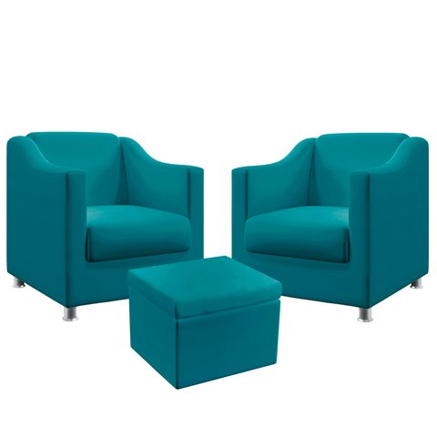 Kit 2 Poltronas Alya com Puff Quasar Suede Azul Turquesa Aradecor