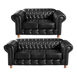 Conjunto Sofá Luís Xv 2 e 3 Lugares Chesterfield Capitonê Retrô - Couríssimo Preto - 1