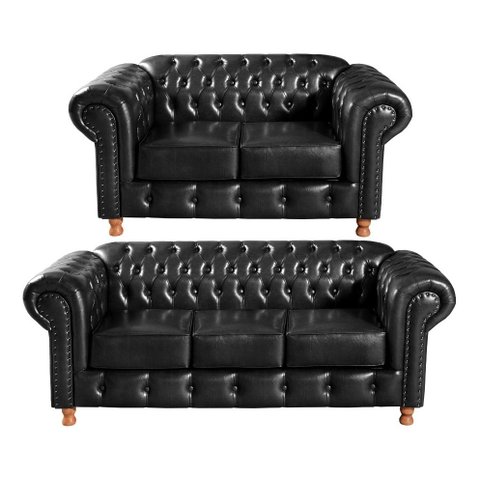 Conjunto Sofá Luís Xv 2 e 3 Lugares Chesterfield Capitonê Retrô - Couríssimo Preto