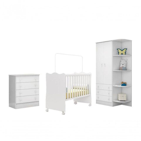 Quarto Infantil C/ Guarda Roupa, Berço e Cômoda Branco