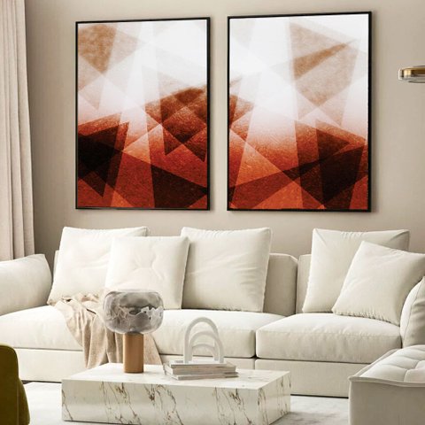 Kit Quadro Decorativo 2 Telas Geométrico Vermelho Tacolado Moldura Caixa 3cm Preta sem Vidro 60 X 90