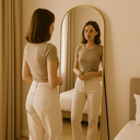 Ver imagem 3 de Espelho Grande Oval com Base Reta Dourado Corpo Inteiro 150x60cm com Suporte de Chão e Parede
