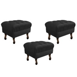 Kit 3 Puffs Retrô Luis XV Suede Preto - 1