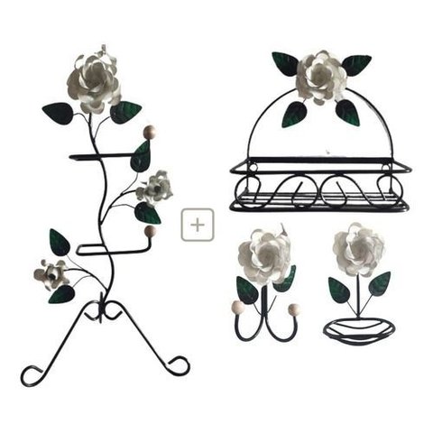 Kit para Banheiro 4 Peças em Ferro com Rosas:branco