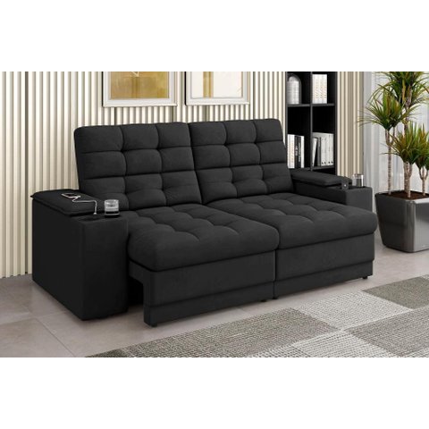 Sofá Confort Premium 2,05m Assento Retrátil e Reclinável Porta Copos e USB Suede Preto - Xflex