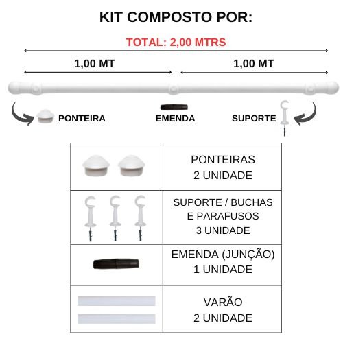 Kit Varão para Cortinas 2,0mts 28mm Branco - 3