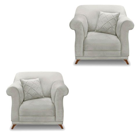 Kit 2 Poltronas Veludo Cinza Prata Pés Castanho