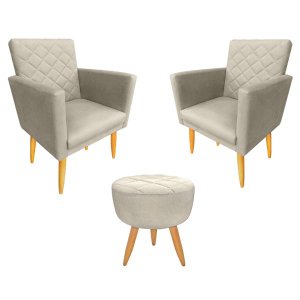 Kit 2 Poltrona Decorativa com Puff Maitê Matelassê Estilo Nina Linho Bege Palha
