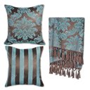 Ver imagem 1 de Kit Manta e Capa de Almofada em Tecido Jacquard Tradicional Marrom e Turquesa