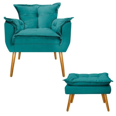 Poltrona com Puff Opala Palito Mel Suede Azul Turquesa - Doce Sonho Móveis