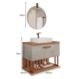 Armário Gabinete Duna 80cm Cimento/freijó para Banheiro com Cuba e Espelho Lua - Mgm - 4