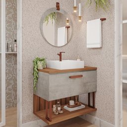 Armário Gabinete Duna 80cm Cimento/freijó para Banheiro com Cuba e Espelho Lua - Mgm - 2