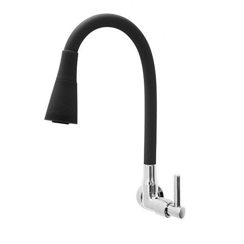 Torneira Cozinha Gourmet Flexível Silicone Preta de Parede Duplo Jato