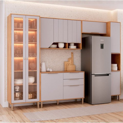 Cozinha Modulada 5 Peças com 1 Cristaleira 1 Balcão 2 Armários Aéreos e 1 Torre Celeste Bege Cinamomo/Platina