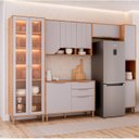 Ver imagem 1 de Cozinha Modulada 5 Peças com 1 Cristaleira 1 Balcão 2 Armários Aéreos e 1 Torre Celeste Bege Cinamomo/Platina