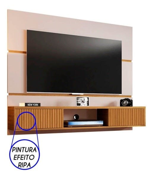 Painel TV até 65" Polegadas 2 Portas Ambar Móveis Bechara Off/Canela/Ripado 160x33x136 - 2