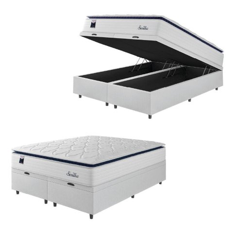 Cama Box Baú Casal King Colchão Molas Ensacadas com Pillow Sevilha 193x203x74cm Branco/cinza