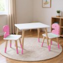Ver imagem 1 de Mesa e 2 Cadeiras Infantil Dinossauro Kit Livro Educativo em Madeira - Rosa
