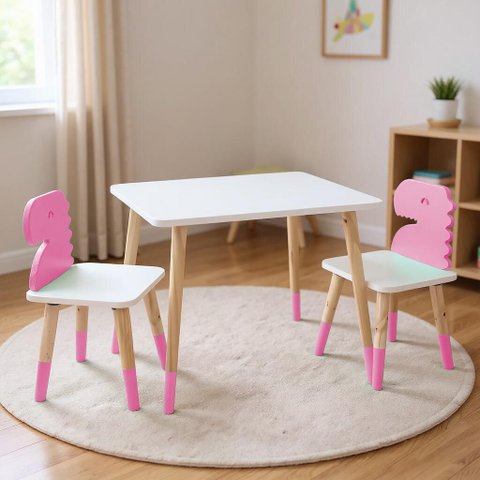 Mesa e 2 Cadeiras Infantil Dinossauro Kit Livro Educativo em Madeira - Rosa