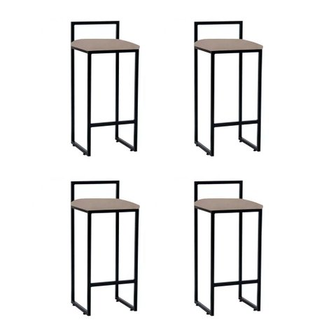 Kit 4 Banquetas Industrial Premium Alta Bar Cozinha Bistrô em Aço Dori Preta Assento Suede Bege