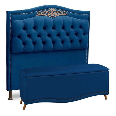 KIT Cabeceira Mais Calçadeira com bau DUNAS Casal 1,95 cm Para Cama Box veludo azul marinho Dalaqua-