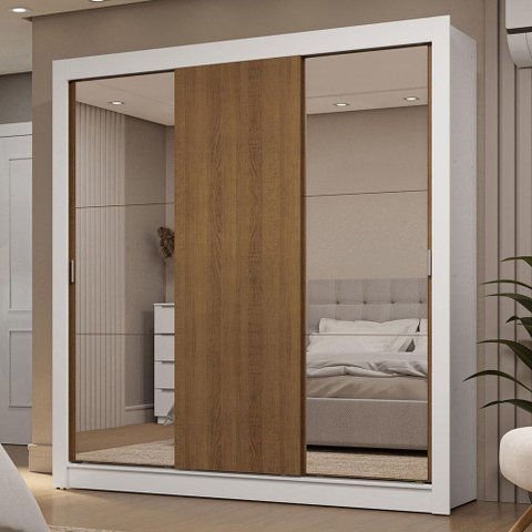 Guarda-roupa Casal 3 Portas de Correr com Espelhos 2 Gavetas Branco/rustic Sublime Madesa