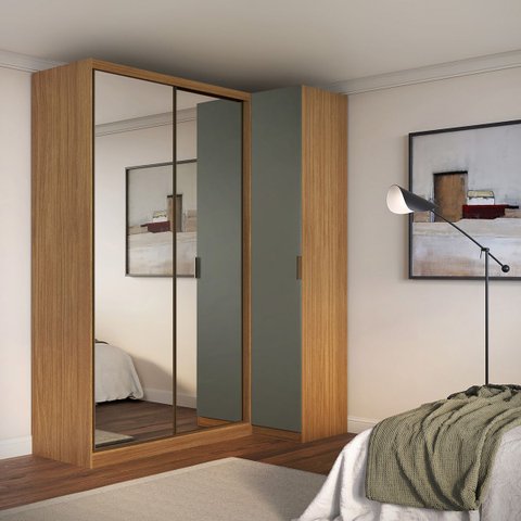 Guarda Roupa de Canto Porta de Correr 3 Portas 2 Espelhos Altezza Belmax:freijó/titânio