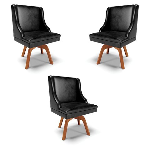 Kit 3 Cadeiras Decorativas Sala de Jantar Base Giratória de Madeira Firenze PU Preto Brilho/Natural 