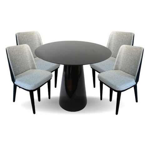 Conjunto Mesa de Jantar Cone 100 cm Laca Preta com 4 Cadeiras Londres Revestida em Tecido Linho e Co