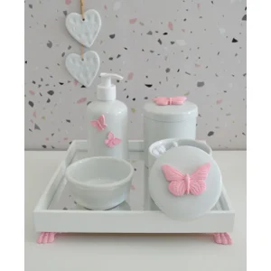 Kit Higiene Porcelana Bebê Banho Cuidado Quarto K014 Borboleta - Rosa