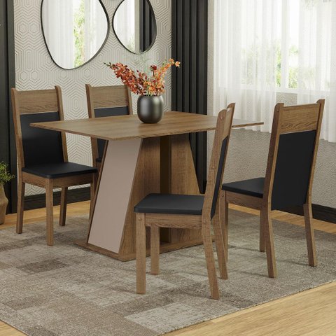 Conjunto Sala de Jantar Mesa Tampo de Madeira 4 Cadeiras Rustic/crema/preto Angel Madesa