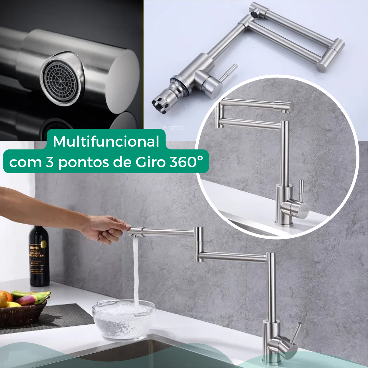 Torneira Cozinha Gourmet Monocomando Bancada Aço Inox Escovado Articulável Cromado Fosco Modelo Bari - 7