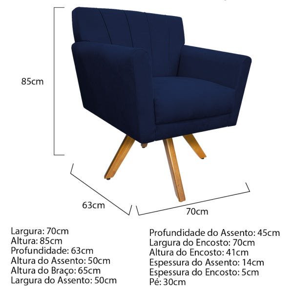 Poltrona Laura Base Giratória de Madeira Suede Azul Marinho - Doce Sonho Móveis - 4