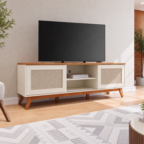 Rack para TV até 75 Polegadas 180,5cm 2 Portas com Palha Natural 1 Prateleira Nolan