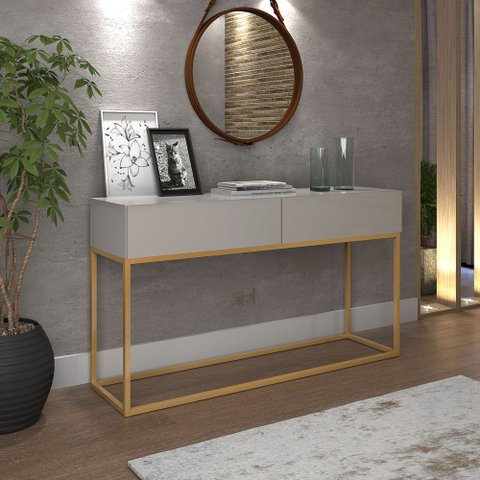 Aparador Industrial Pé de Ferro Dourado Eros 110cm Gavetas Corrediças Telescópicas Off White