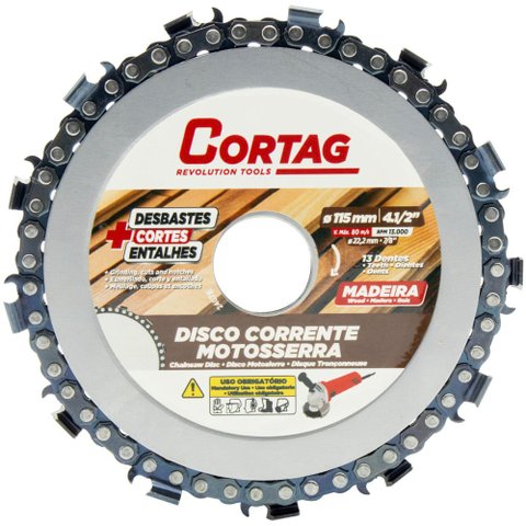 Disco de Madeira 115mm com Corrente de Motoserra - 62903 - Cortag Disco Madeira 115mm c/Corrente de 