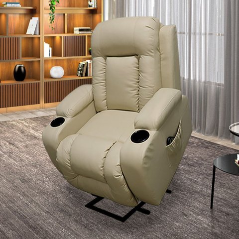 Poltrona do Papai Austin com Elevação Lift 150º Massagem Aquecimento Pu Bege G31 - Gran Belo