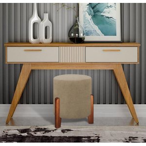 Puff Redondo Luxo Pés em Madeira Luna Linho Bege