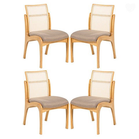 Kit 4 Cadeiras para Mesa de Jantar Lisboa com Encosto Rattan Madeira Maciça Linho Marrom L87 Rmi