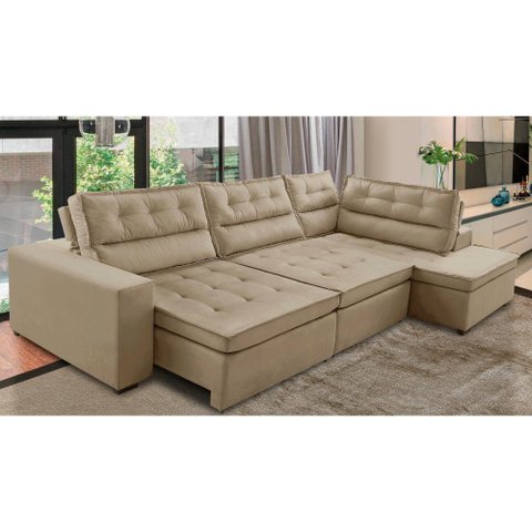 Sofá de Canto Retrátil e Reclinável com Molas LD 3,40x2,00m Viviane Suede Bege Madelina Decor