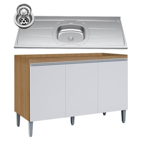 Balcão de Cozinha com Pia Inox 120cm Manu Amêndoa/branco - Ajl Móveis