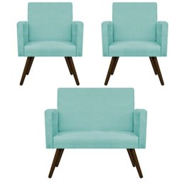 Kit Namoradeira e 02 Poltronas Beatriz Palito Tabaco Suede Azul Tiffany - Doce Sonho Móveis - 1