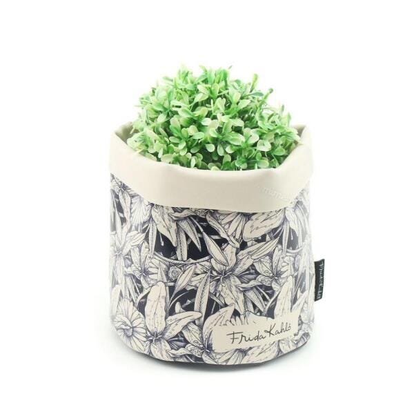 Cachepô Estampado Frida Kahlo Cacto e Flor Preto e Branco Pequeno - 2
