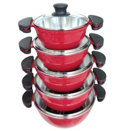Jogo Panelas Alumínio Fundido 5mm Vermelho Tampa de Vidro 5 Peças - 1