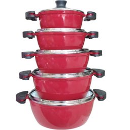 Jogo Panelas Alumínio Fundido 5mm Vermelho Tampa de Vidro 5 Peças - 2