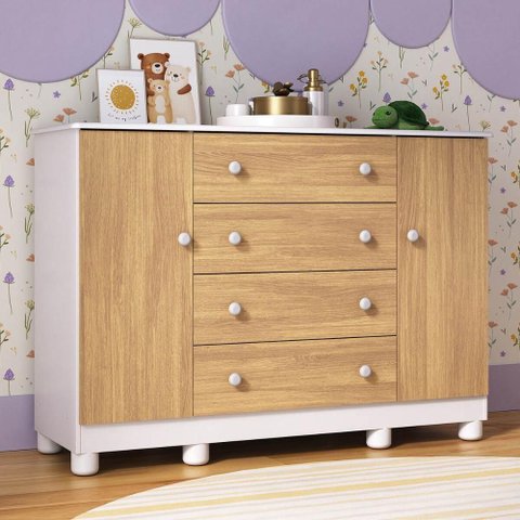 Cômoda Infantil 125cm 2 Portas e 4 Gavetas Allegra Multimóveis Mp4445 Branco/madeirado