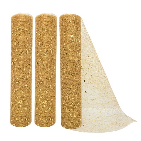 Kit 2 Telas Decorativa Fita Natal Malha Dourado Lantejoulas Brilho Luxo 24cm x 5 Metros – Magizi
